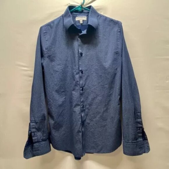Express Dress Shirt Men’s Small 14-14.5" Neck Blue Geometric Extra Slim Button - Picture 11 of 14